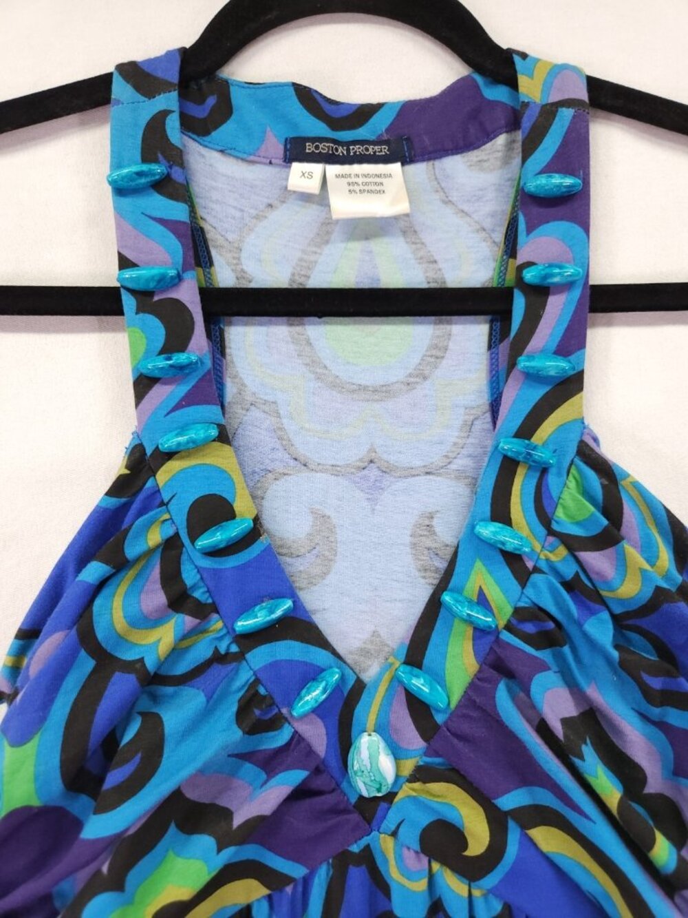 Boston Proper Size XS Blue Paisley Beaded V-Neck Empire Waist Boho Maxi Dress - Picture 7 of 14